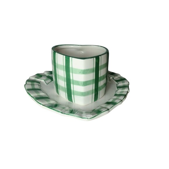 Vintage CS Papel Freelance Ceramic Plaid Heart Cup & Saucer Handpainted READ - Picture 2 of 7